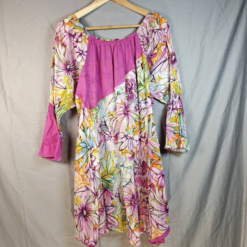 Shoulder Patchwork Floral Boho Maxi Dress Pink‎ Purple Yellow